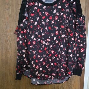 Floral Cold Shoulder Top - Black and Red